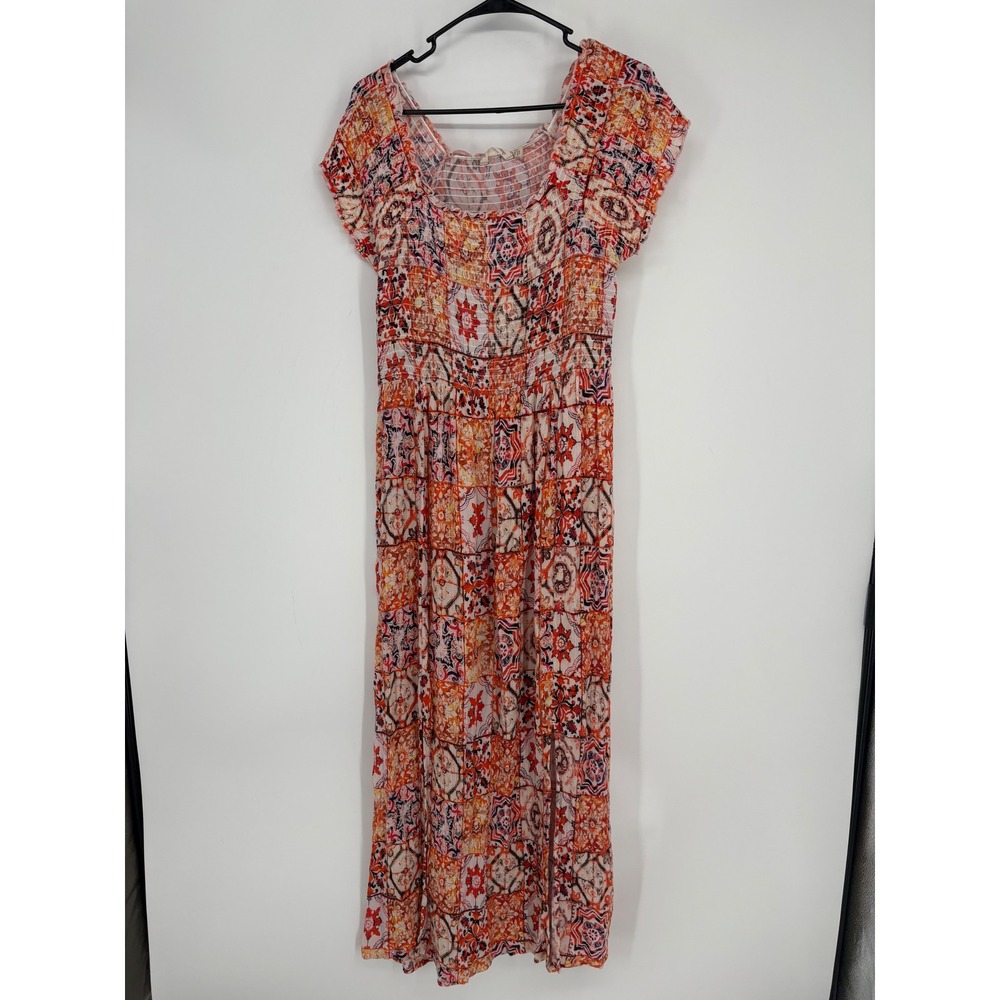 Soft Surroundings Dress Womens S Orange Geometric Smocked Maxi Boho Slit